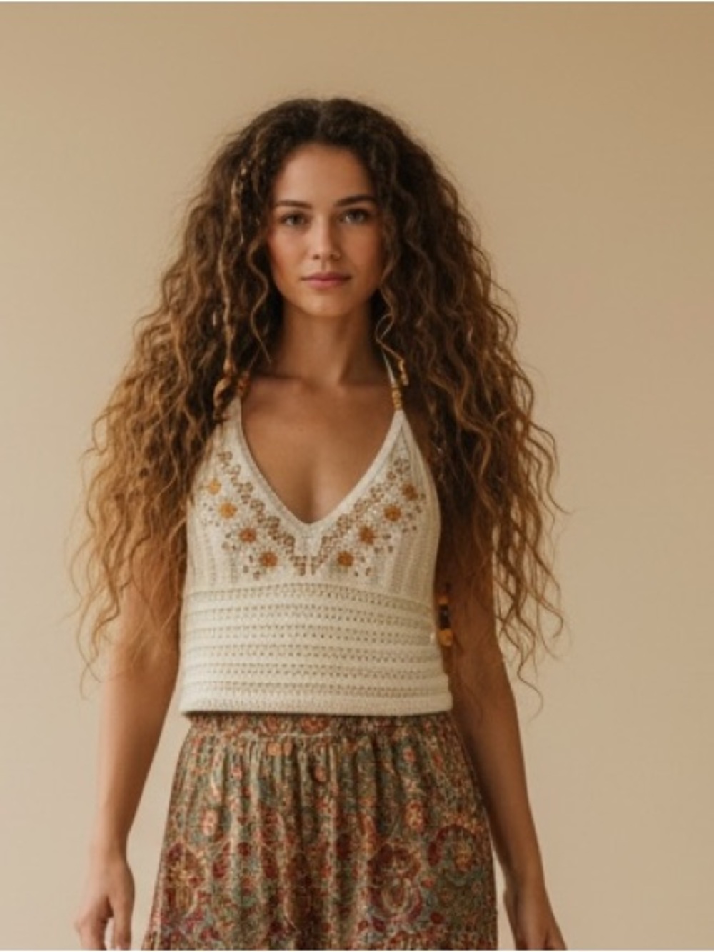 Boho Sun Embroidered Crochet Halter Crop Top XXL